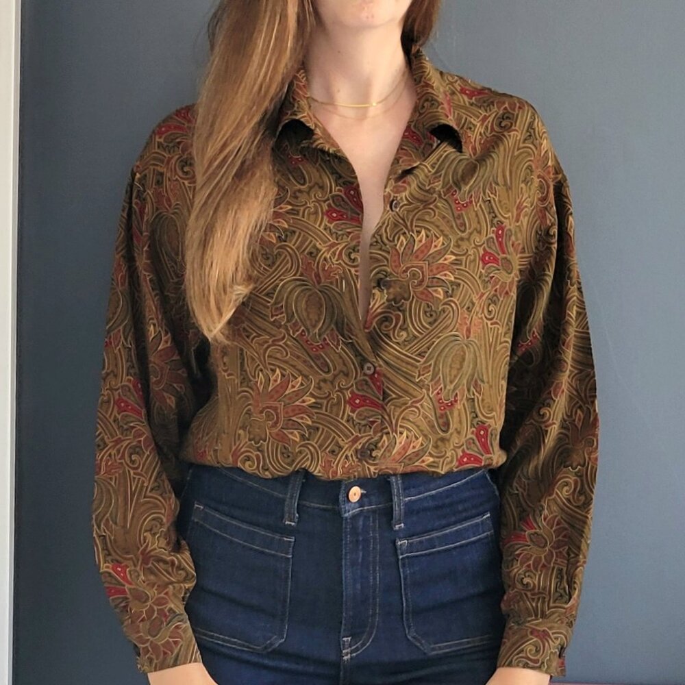 Vintage 100% Silk Button Down Blouse - Size 12
